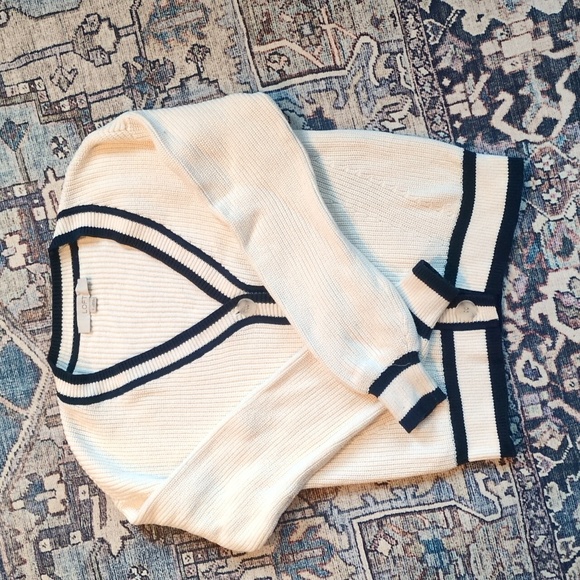 LOFT Varsity Women's Cream Cardigan with Navy Trim - Picture 3 of 4